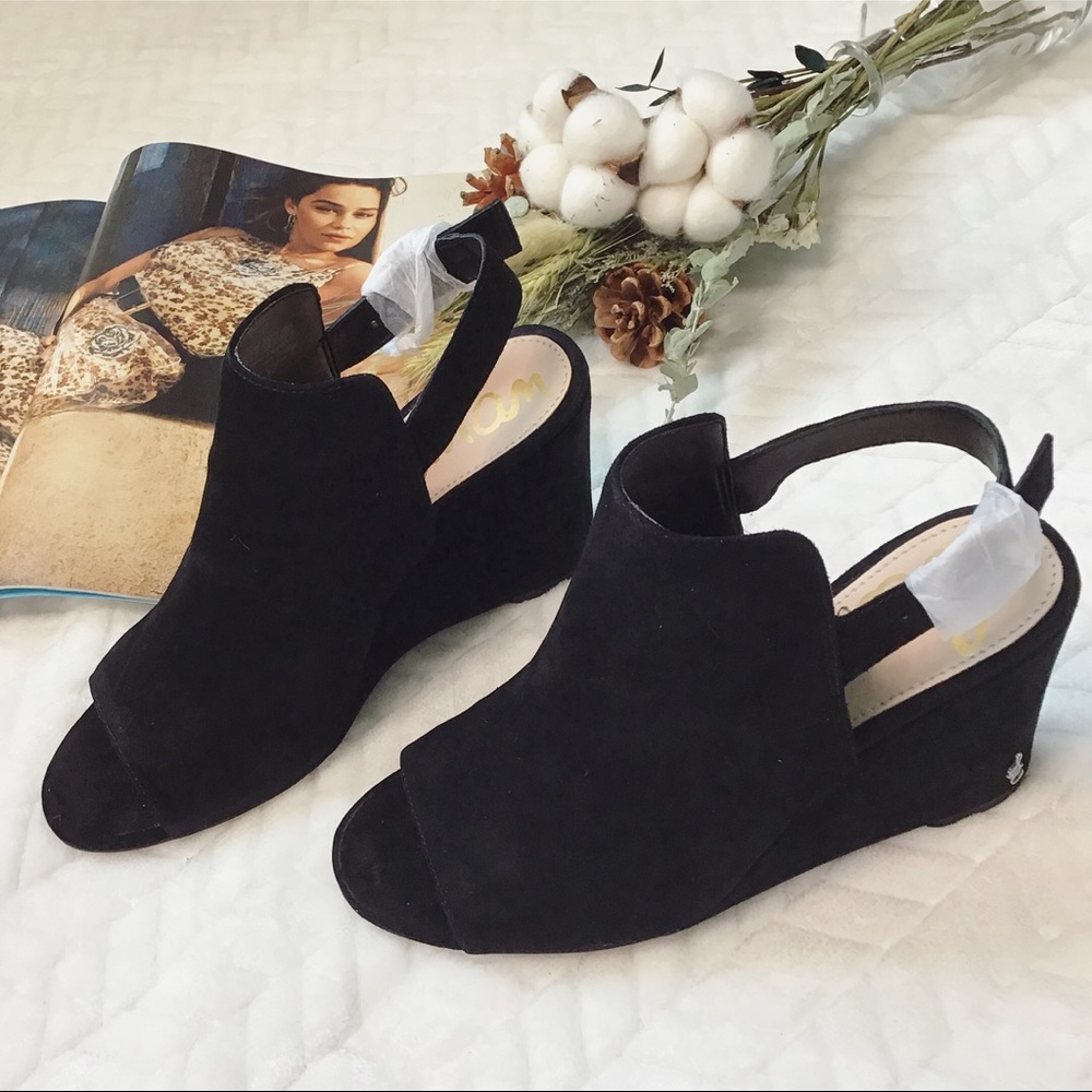 Sam Edelman Black Suede Peep-Toe Wedge Sandals